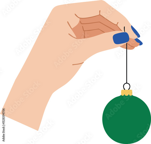 Hand holding green Christmas ornament with blue nail polish vector illustration for holiday decoration design 