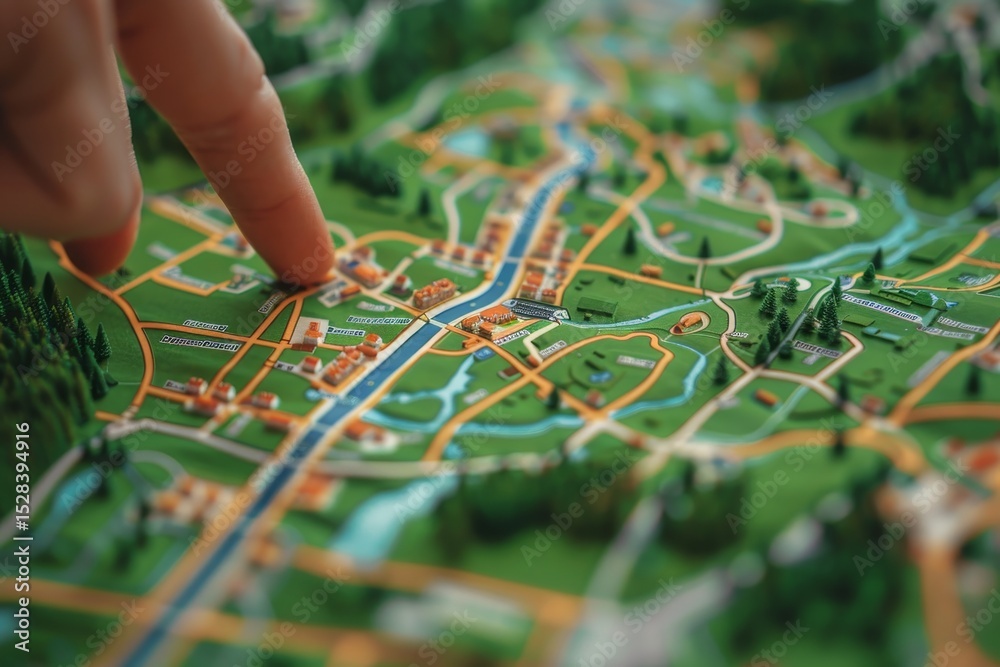 Fototapeta premium Traveler s finger points out route on a detailed map for navigation and exploration adventures