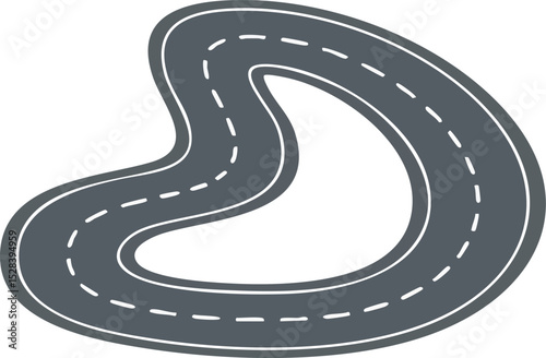 Curved grey road vector icon with dashed white lines for transportation and travel design elements