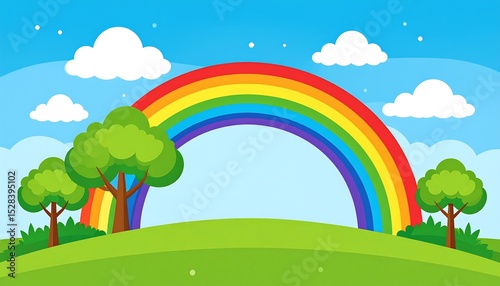 Rainbow over green hill landscape.