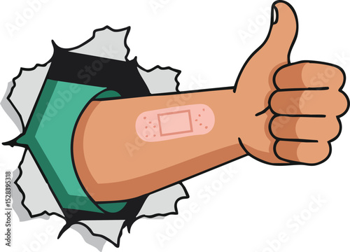 Hand giving thumbs up with adhesive bandage breaking through wall in vector illustration design 