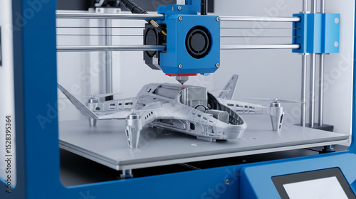 Obraz na płótnie 3D printer creating silver drone model layer by layer, showcasing additive manufacturing technology and innovative design process