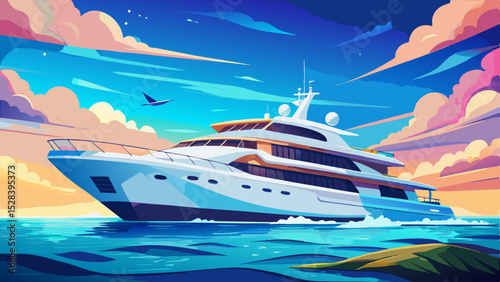 Serene Yacht in Open Waters: A luxurious yacht glides gracefully upon a tranquil expanse of cerulean ocean, under a vast sky. Very beautiful