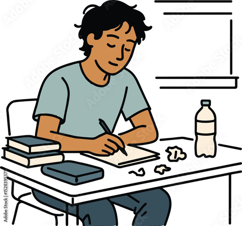 Student studying at desk with book, water bottle and crumpled paper.