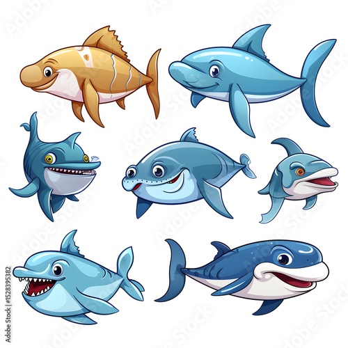 Colorful Set of Cartoon Marine Animals Illustrations for Educational and Children's Content
