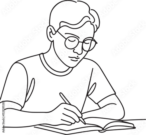 Person writing in a book. Single line drawing, minimalist art.