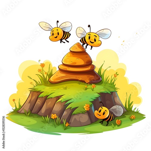 Detailed illustration of a beehive on a hill showcasing teamwork and nature's harmony