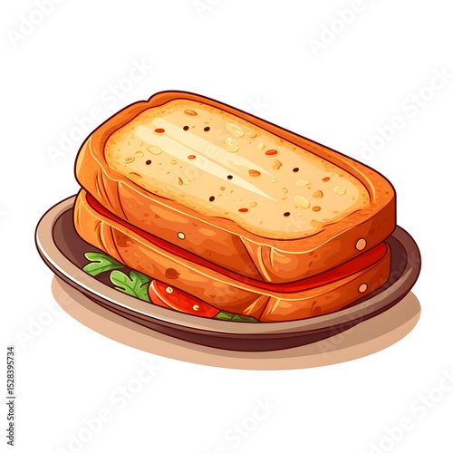 Detailed professional illustration of a delicious bread sandwich in a red dish on a white background