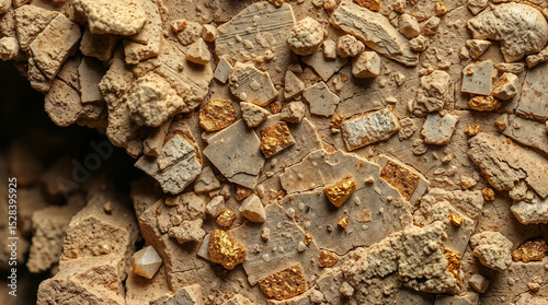 Close-up macro of a brown stone on a textured surface, showcasing its natural pattern, dry cracked earth, arid landscape, weathered rock formations, and earthy texture