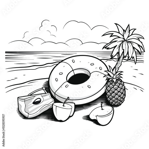 Tropical Summer Beach and Vacation Illustration with Lifebuoy for Travel Websites and Promotional Materials