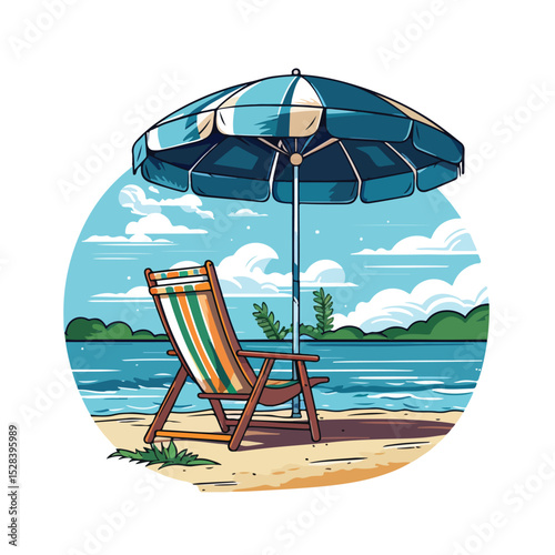 Tropical Paradise: Sun Chair and Umbrella on Island Beach Cartoon Illustration
