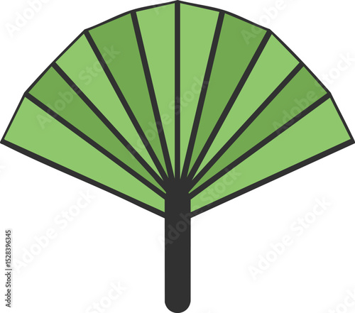 Green handheld fan vector illustration with black handle and segmented design for cooling and decoration purposes 