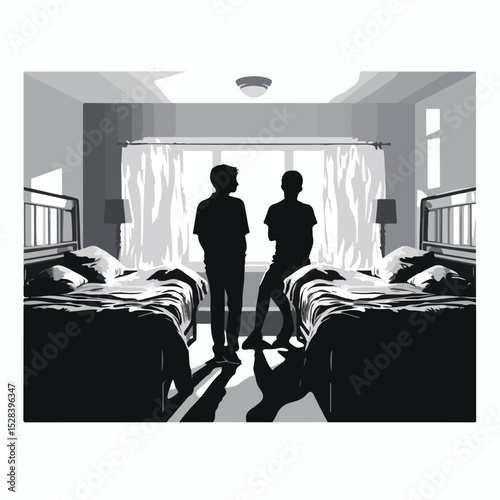 Modern Twin Bed Room with Faceless People Silhouettes in Black and White Theme