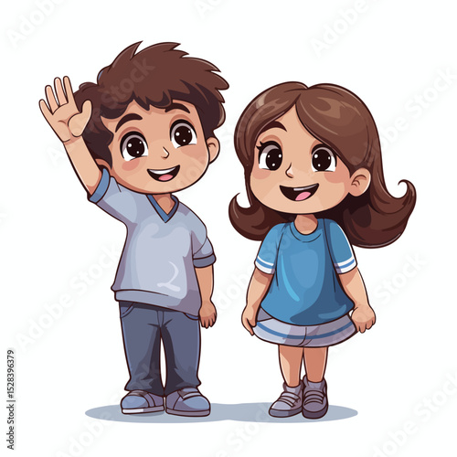 Happy Little Kids with Boy Raising Hands and Girl Smiling - Vector Illustration