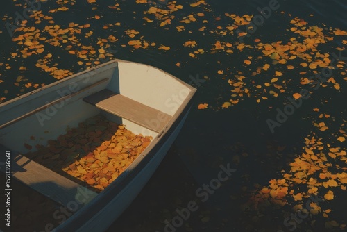 Small rowboat filled with autumn leaves gliding gently in water alongside a carpet of yellow foliage under soft lighting