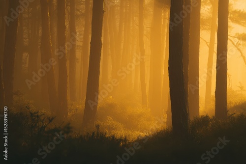 Golden sunrise illuminates a fog-covered forest, enhancing the tranquil beauty of nature at dawn with warm light filtering through the trees