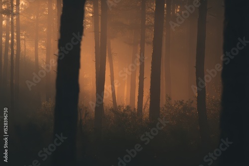 Foggy forest bathed in warm golden light during sunrise revealing silhouettes of trees and thick mist