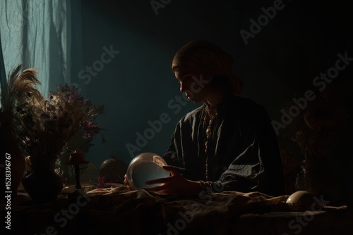Fortune teller engages in mystical activity in a dimly lit room surrounded by herbs and crystals