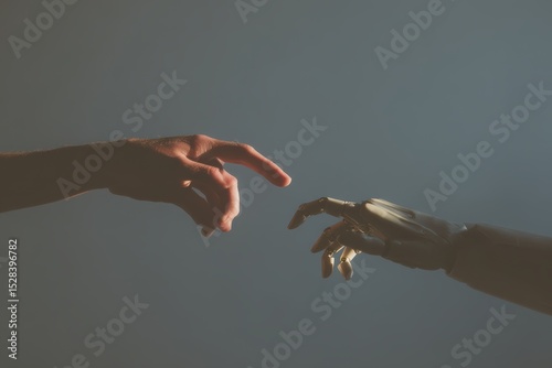 Human hand interacts with robotic hand in a moment of connection and technological advancement in a softly lit environment
