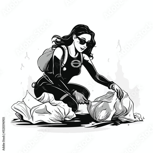 Professional Female Scuba Diver Cleaning Ocean by Picking Garbage Underwater