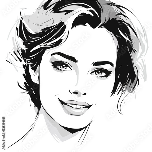 Professional Black and White Vector Illustration of a Smiling Woman's Face