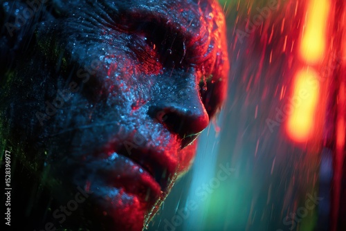 Humanoid alien experiences heavy rain while standing in a vibrant, neon-lit environment during a mysterious evening