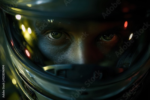 Alien face observed through a helmet showcasing intense green eyes and intricate helmet design in an otherworldly environment