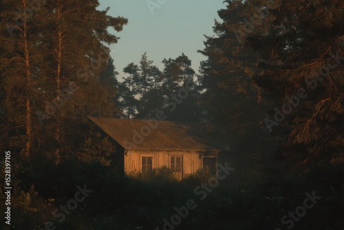 Abandoned forest cabin hidden among trees at dusk surrounded by overgrown vegetation
