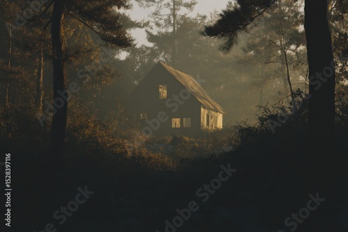 Abandoned forest cabin illuminated by soft sunlight in a tranquil, misty woods during early morning hours