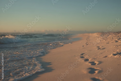 Golden hour at the beach with gentle waves and footprints on the sand presenting a serene moment of tranquility and natural beauty