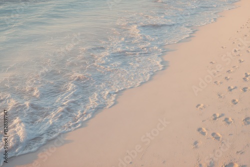 Golden hour at the beach with gentle waves washing over soft sand and footprints leading towards the tranquil water