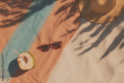 Overhead view of a vibrant beach towel with sunglasses and a refreshing drink under the sun, capturing a perfect summer day at the beach