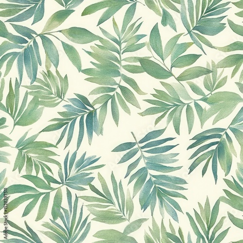 Delicate, pastel-toned tropical leaves create a serene, repeating pattern on a creamy background.  The watercolor style gives a soft, hand-painted feel