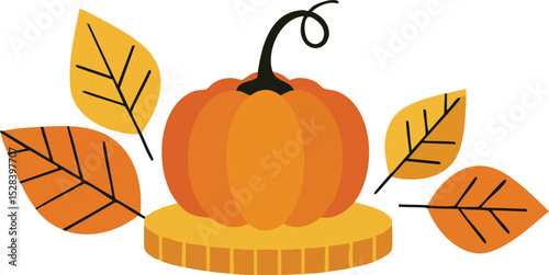 Pumpkin with autumn leaves seasonal harvest decoration vector illustration in warm orange and yellow tones 