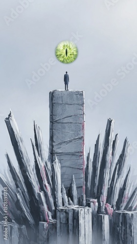 Lone Figure on a Desolate Stone Pillar with a Giant Eye