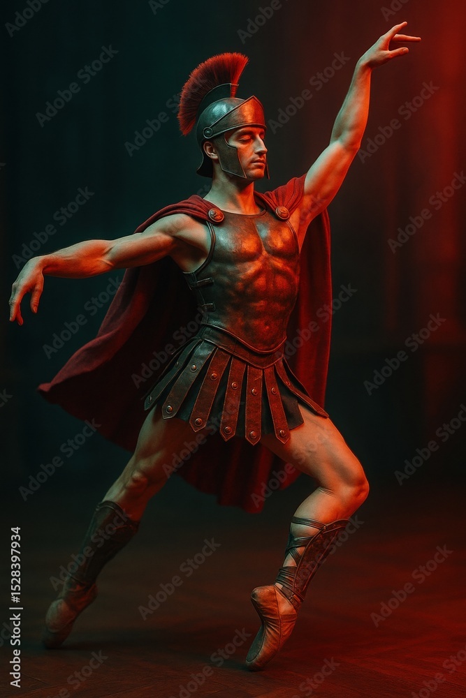 A striking male dancer embodies a spartan warrior, showcasing strength and elegance with a dramatic pose against a moody, red-lit backdrop. A striking male dancer embodies a spartan warrior, showcasing strength and elegance with a dramatic pose against a moody, red-lit backdrop.