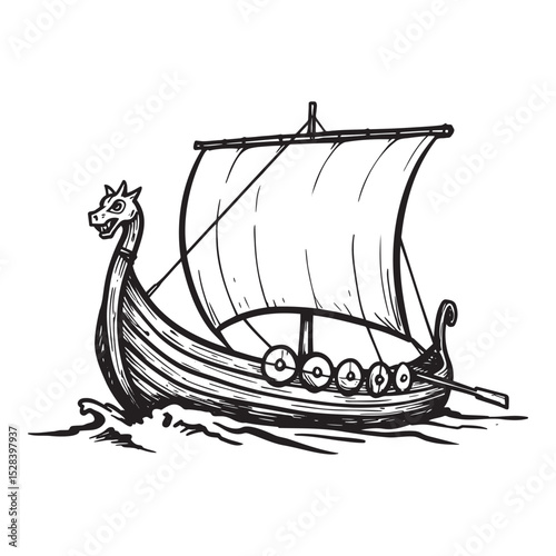 Viking ship illustration, vintage sketch style, maritime exploration concept