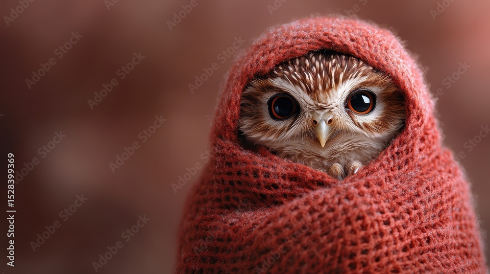 Obraz premium A close-up portrait of a small owl snuggled cutely in a vibrant red blanket, showcasing its large, expressive eyes and charming features that evoke feelings of tenderness and warmth.