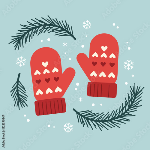 Red winter mittens with hearts surrounded by pine branches and snowflakes in square layout vector illustration 