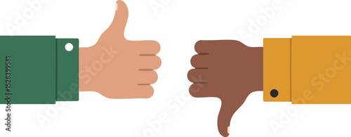 Thumbs up and thumbs down hands showing approval and disapproval concepts in flat vector style 