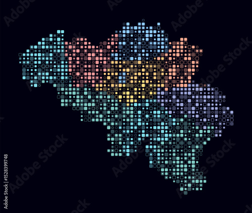 Belgium, shape of the country build of colored cells. Digital style map of the Belgium on dark background. Small size rounded square blocks. Abstract vector illustration.