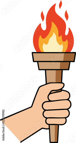 Hand holding flaming torch with vibrant orange and yellow fire in simple vector illustration design 