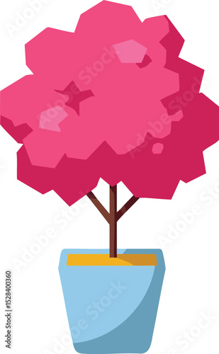 Pink Flowering Plant in Blue Pot Vector Illustration with Simple Stylized Design for Decoration and Gardening 