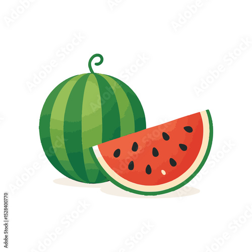 A whole watermelon and a slice of watermelon are placed side by side
