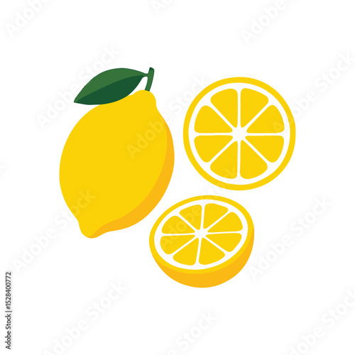 Whole lemon and two lemon slices, vibrant yellow color, simple vector illustration