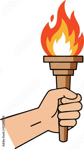 Hand holding a burning torch with orange and yellow flames vector illustration for symbol of light and fire energy 