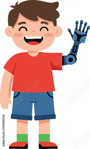 Boy with robotic prosthetic arm smiling wearing red shirt and blue shorts vector illustration 