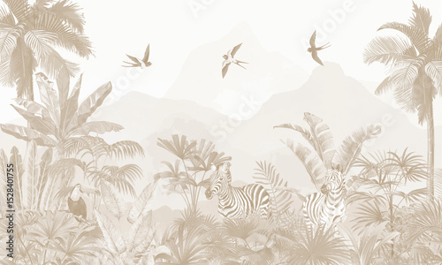 Photography Aged Wildlife Wall Mural: Faded Brown Zebras and Toucans in Tropical Forest