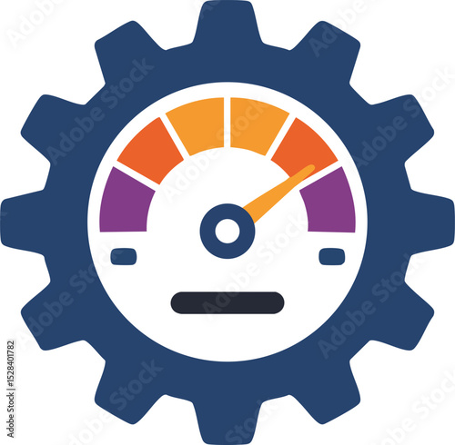 Gear with speedometer showing accelerating performance in blue and orange vector illustration 