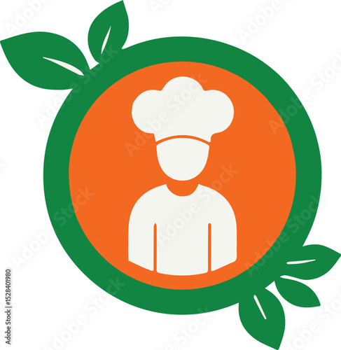 A stylish vector chef logo featuring a culinary professional with a chef hat, accented by green leaves and an orange circle, perfect for restaurant or organic food branding.